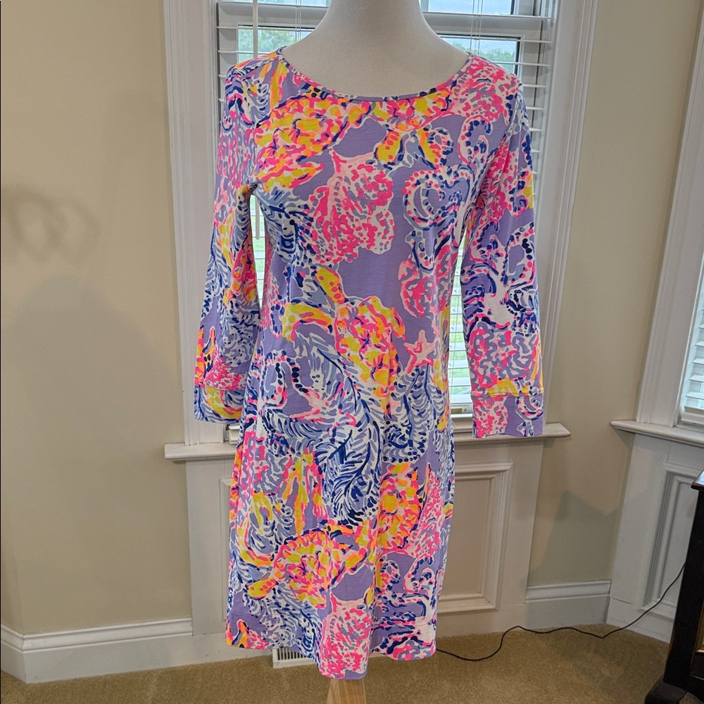 Lilly Pulitzer Lavender Floral Long-Sleeve Shift Dress with Pink & Yellow Print